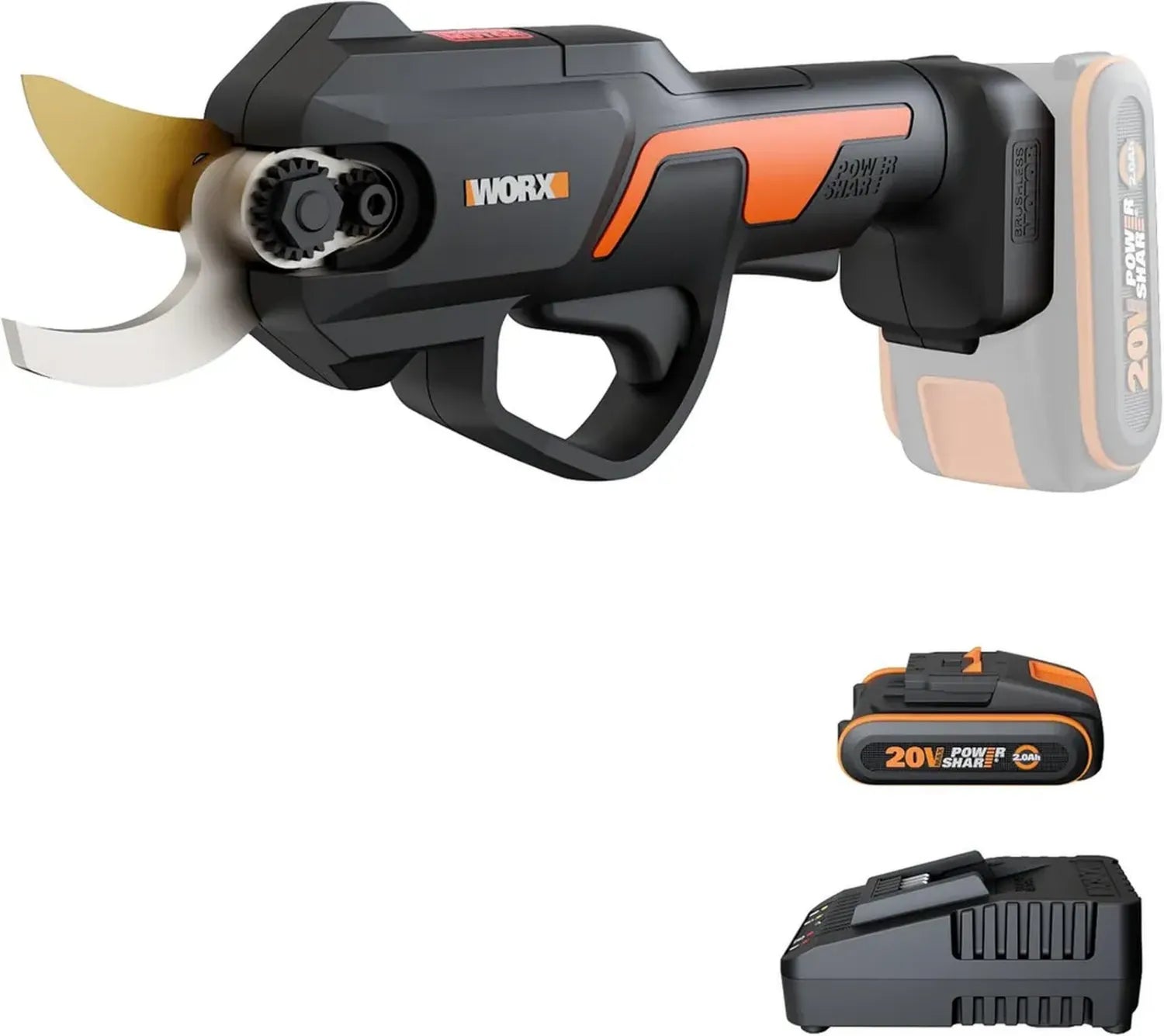 Sécateur Électrique 20V WORX WG330E, Moteur Brushless, Coupe 25mm, Longue Autonomie, Sécurité Renforcée, Lames SK5, Batterie 2Ah Incluse
