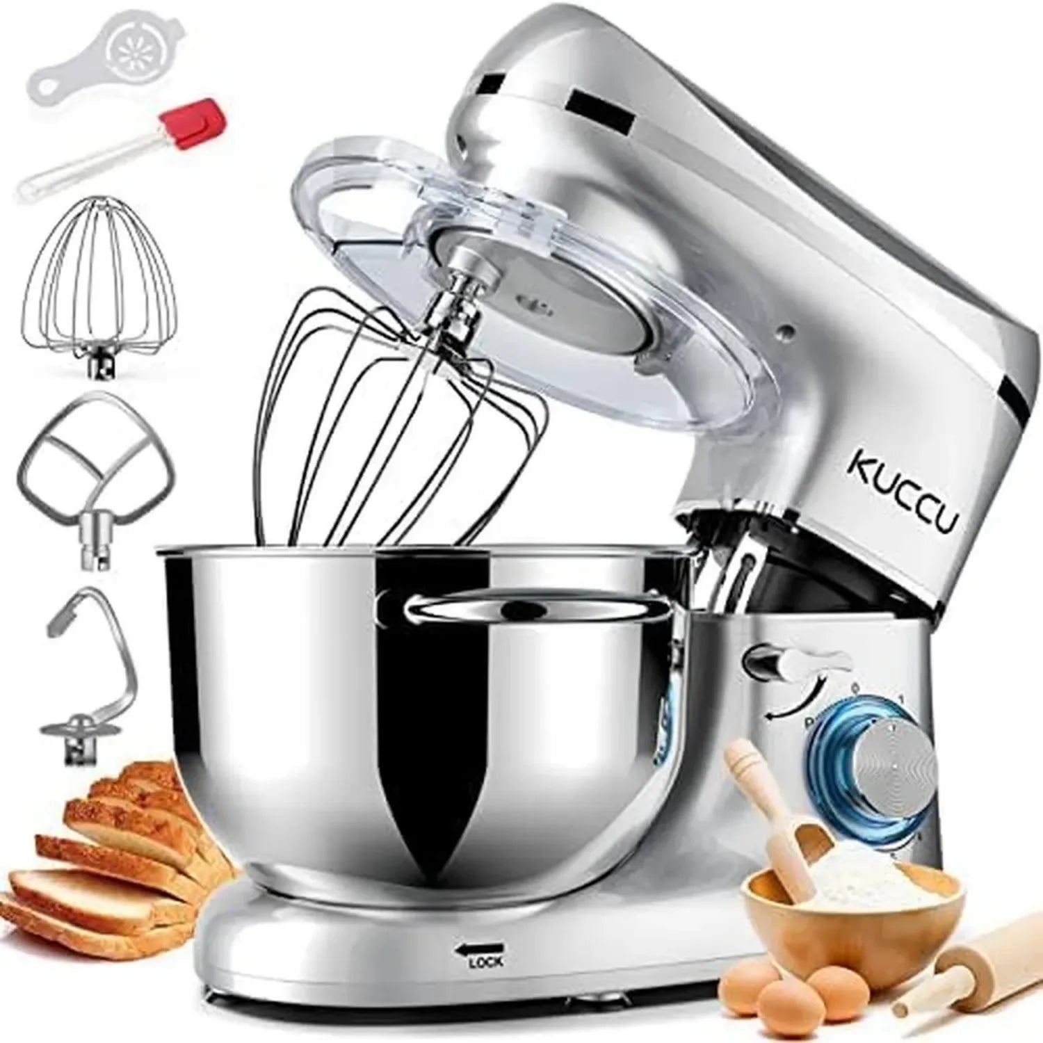 Robot Pâtissier Professionnel 1500W, Bol 7L à Poignées, 6 Vitesses avec Accessoires Complets - Argent