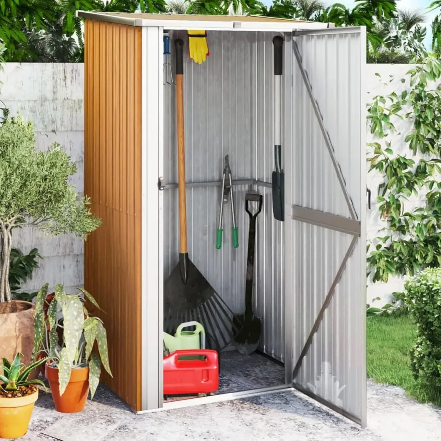 Festnight Abri de Jardin Métallique en Acier Galvanisé, Résistant aux Intempéries avec Portes Verrouillables, 118,5x97x209,5 cm, Marron - Idéal pour Rangements Extérieurs