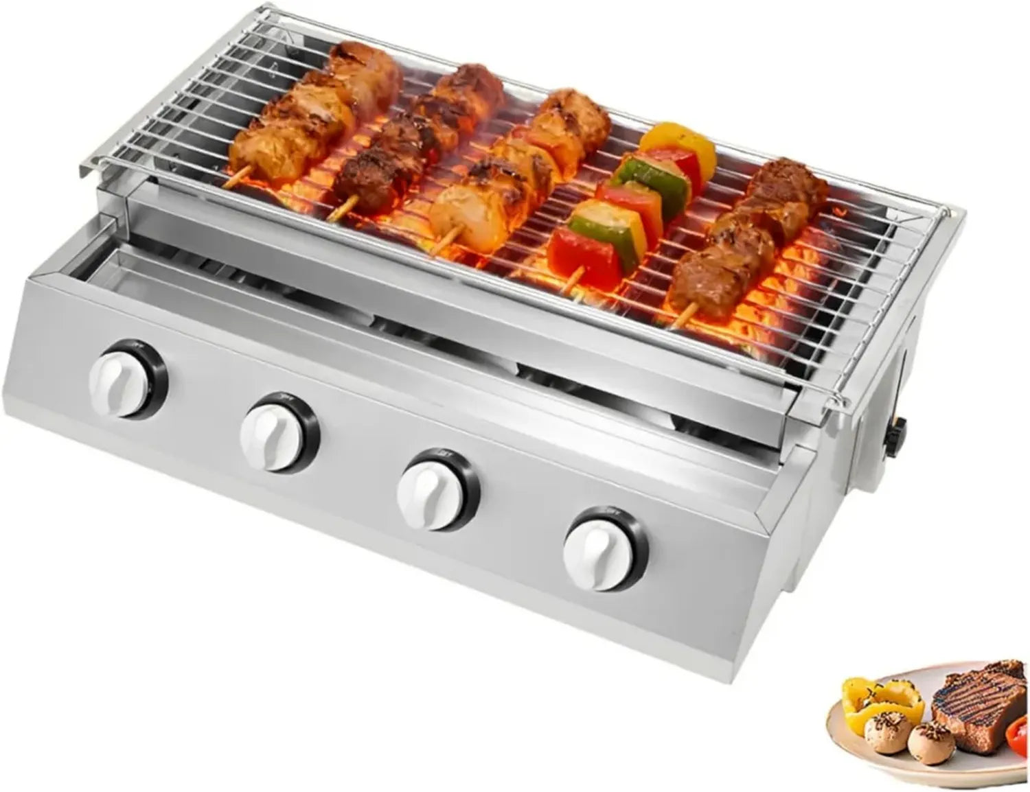Grill à gaz en acier inoxydable à 4 brûleurs réglables avec tuyau et valve - 2800 Pa - Utilisation extérieure