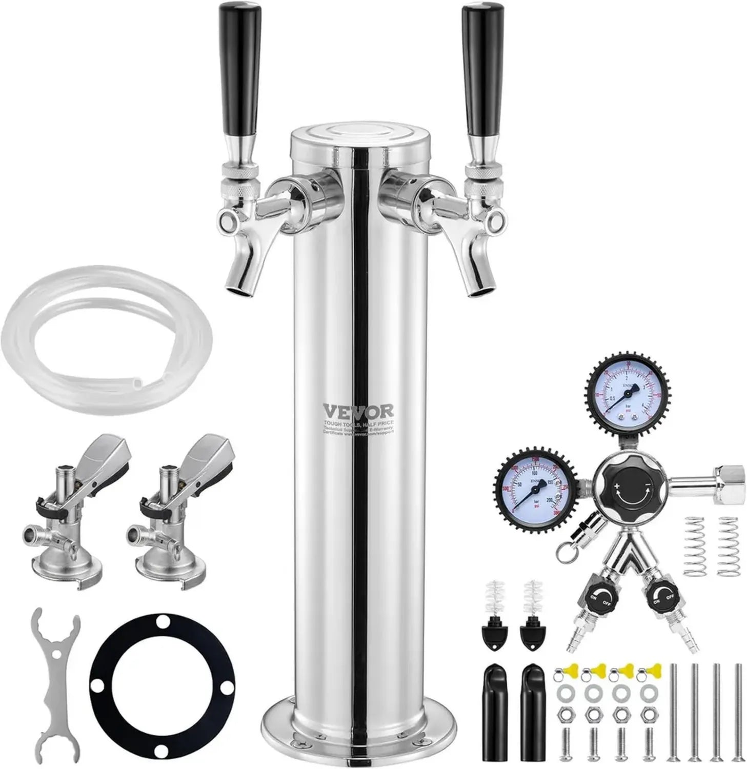 Distributeur de Bière 2 Robinets en Acier Inoxydable avec Régulateur Double Jauge