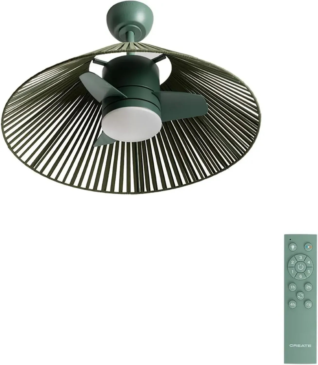 Ventilateur de Plafond Design en Corde avec Lumière Intégrée et Télécommande, Vert Sauge, Ø75 cm, 25W, LED Réglable, Fonction Été-Hiver