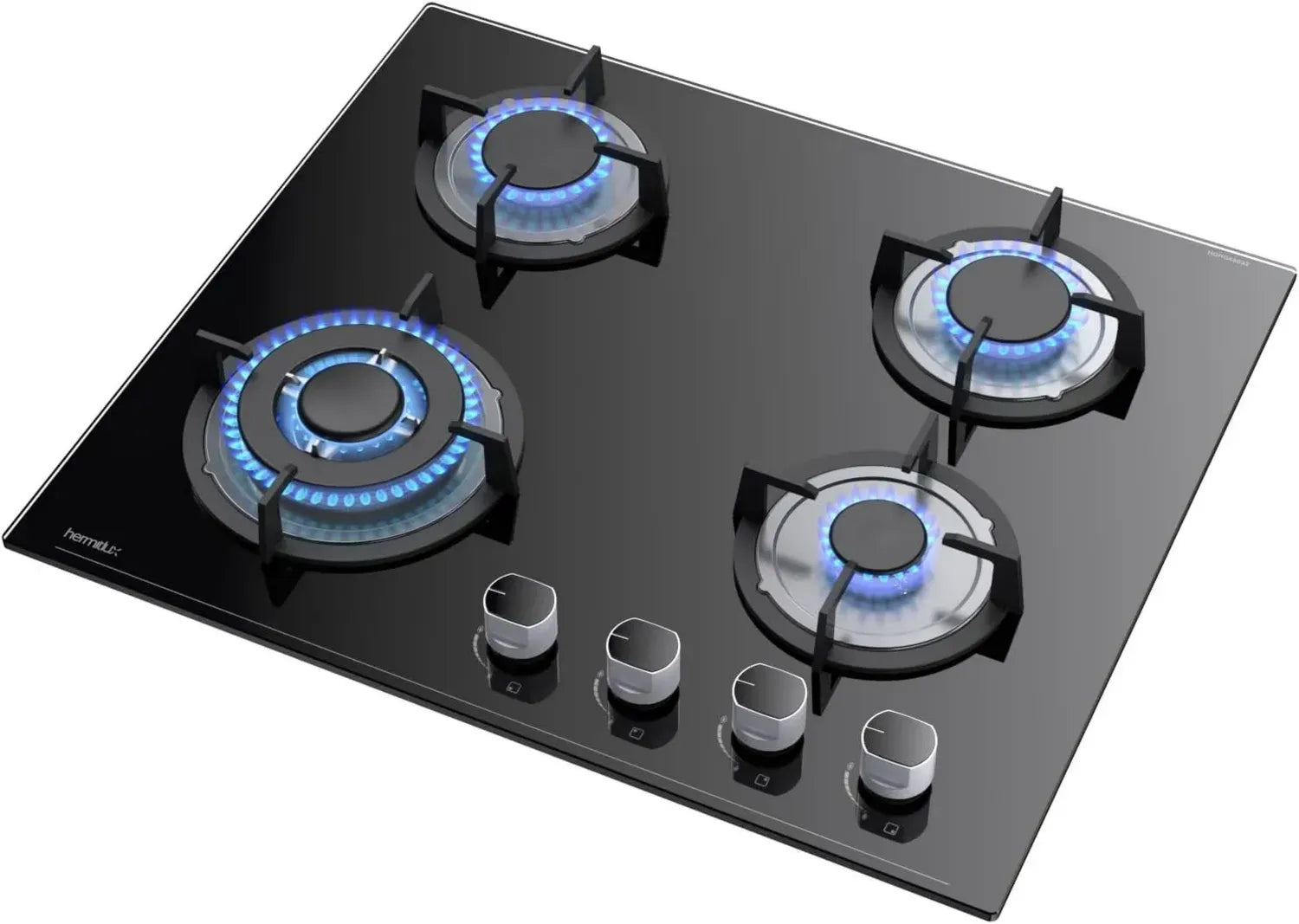 Plaque de Cuisson à Gaz 4 Feux Hermitlux, 60 cm, Convertible NG/LPG, Sécurité Thermocouple, 7800W, Verre Noir