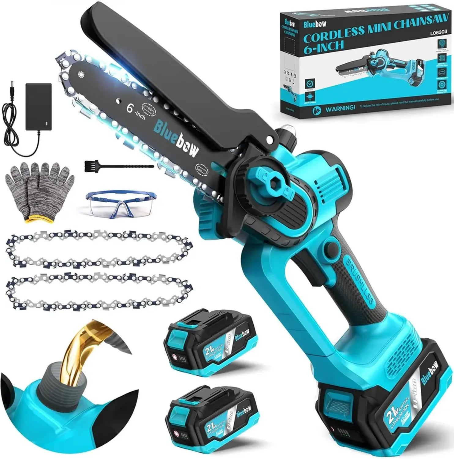 Scie à chaîne sans fil 6 pouces avec moteur brushless, 2 batteries 4000 mAh, système de lubrification intégré, idéale pour l'élagage