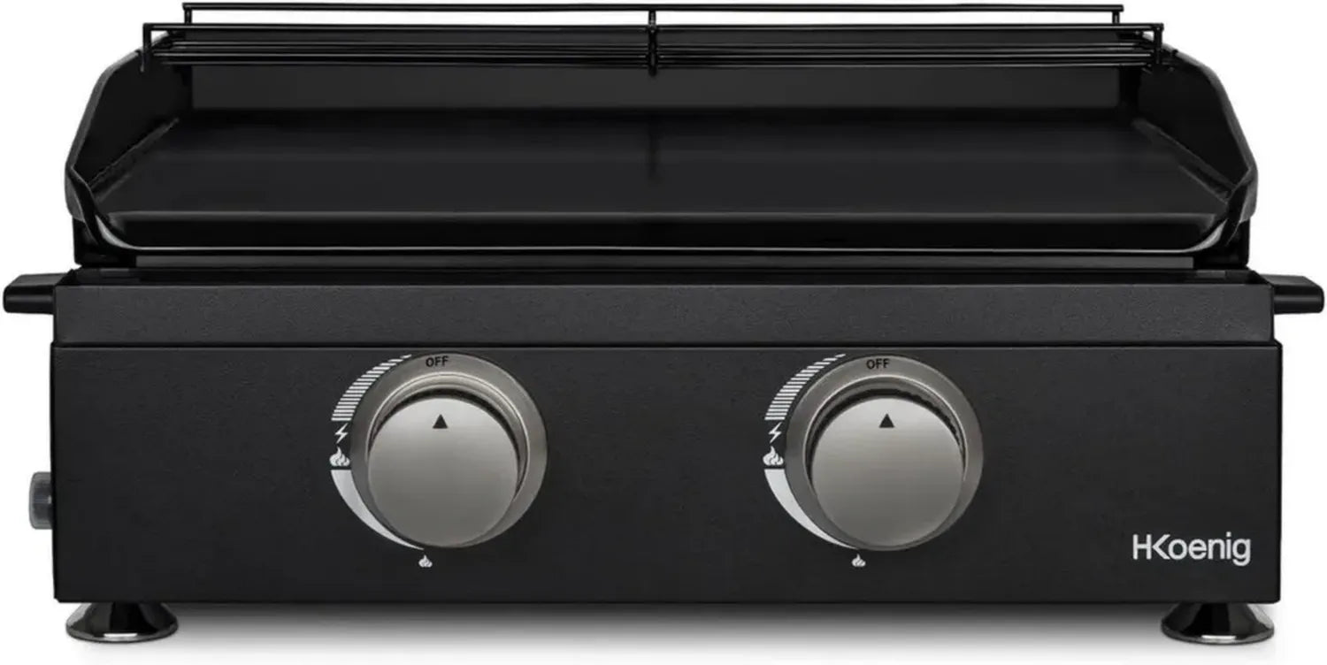 Plancha à Gaz 2 Brûleurs H.Koenig PLX1022, Acier Inoxydable, Plaque Fonte Émaillée, Compatible Propane et Butane, Chaleur Uniforme, Température Ajustable jusqu'à 350°C