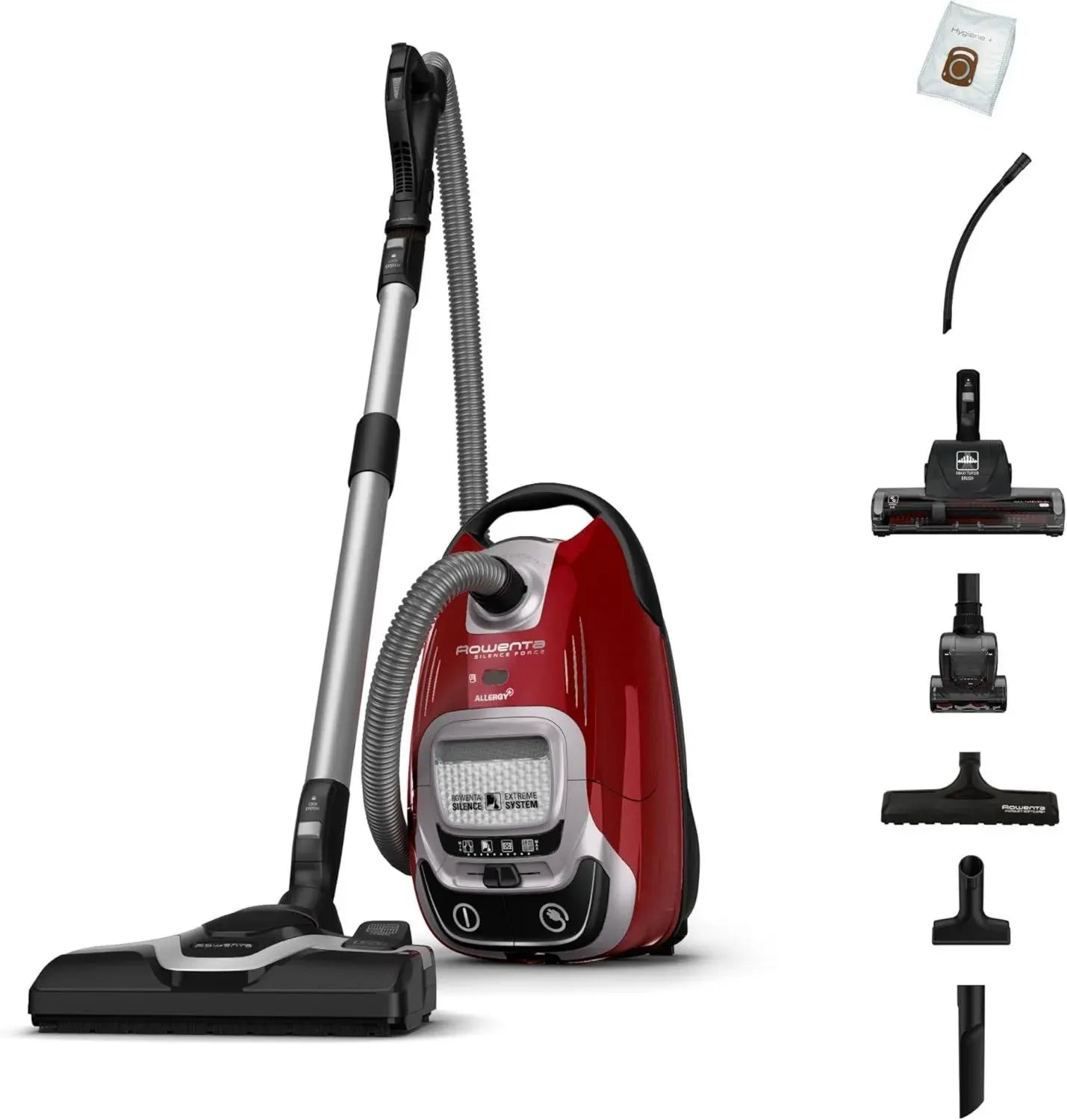 Aspirateur Silencieux Rowenta avec Sac, 57 dB, Haute Efficacité, 12 m, Rouge