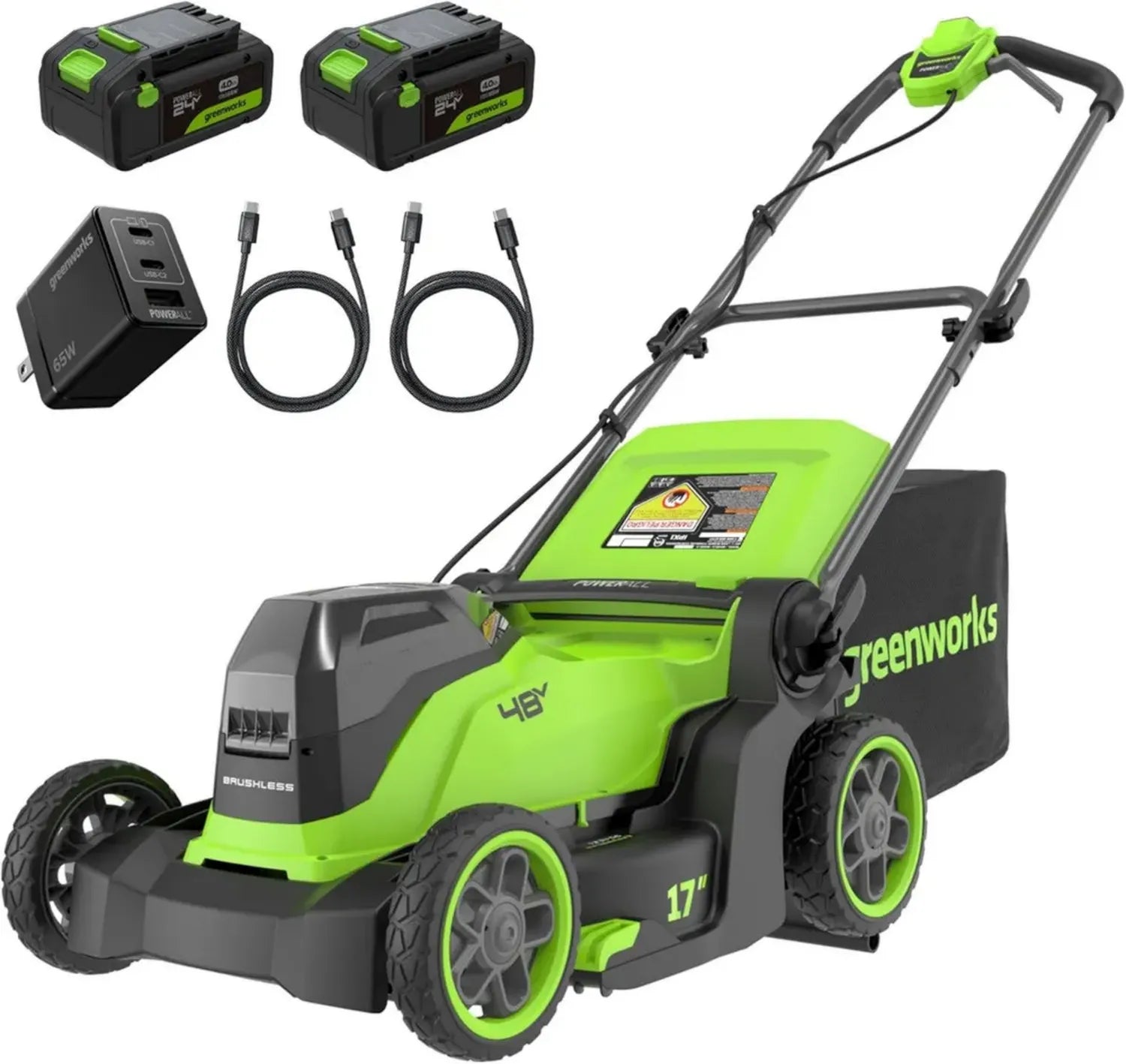 Tondeuse à Gazon sans Fil 48V Greenworks, 41cm avec Sac de 40L, Inclus 2 Batteries 24V 4Ah et Chargeur Double, 3 Ans de Garantie