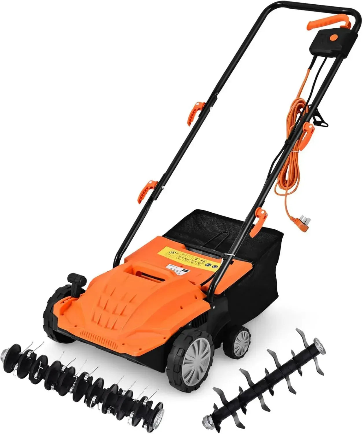 Scarificateur et Aérateur de Pelouse Électrique 2 en 1, 30L, Hauteur Réglable, Poignée Pliable, Orange