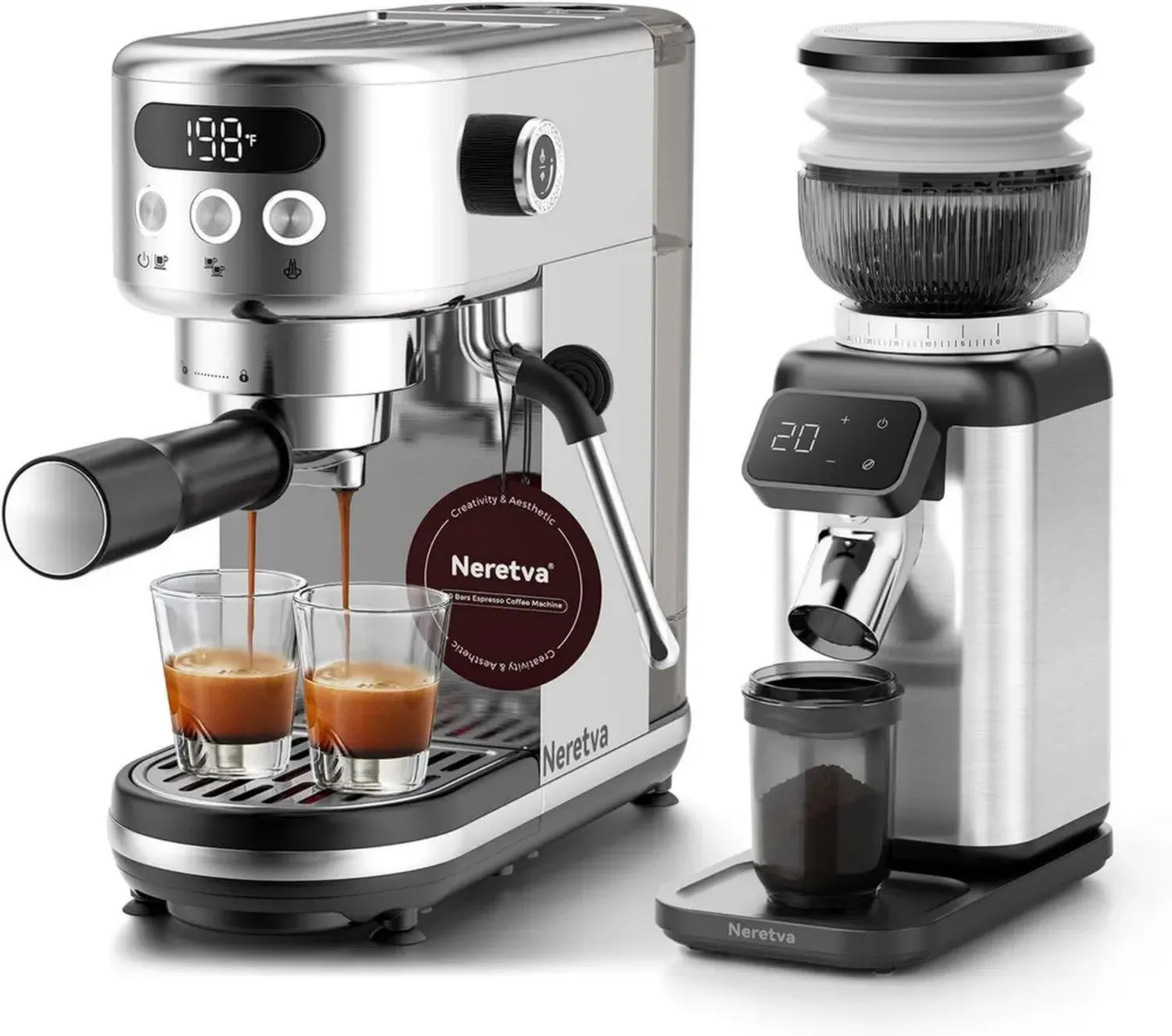 Neretva Cafetière Expresso 20 Bar Inoxydable avec Moulin Conique Réglable