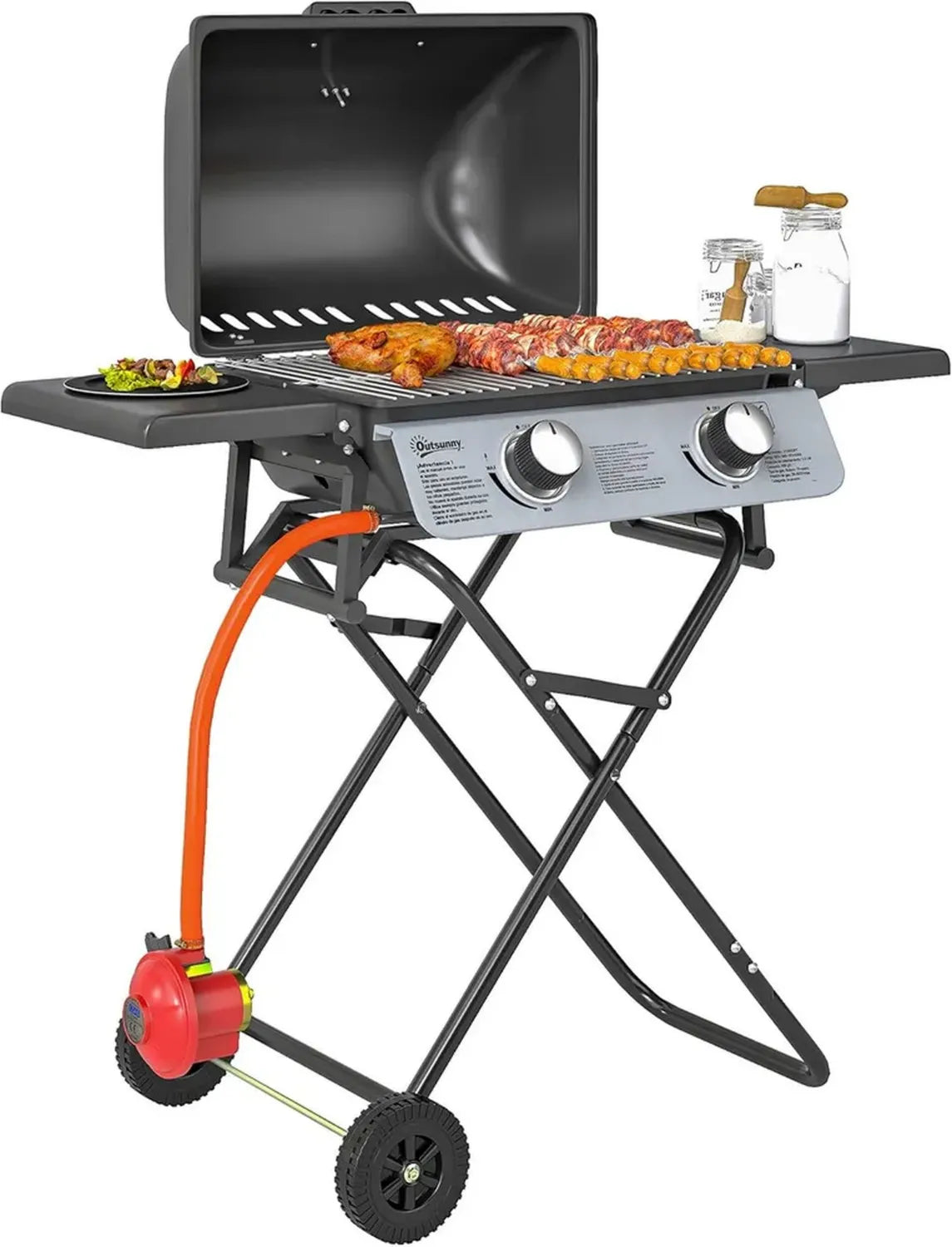 Grill à gaz portable 2 brûleurs avec tables pliantes et thermomètre