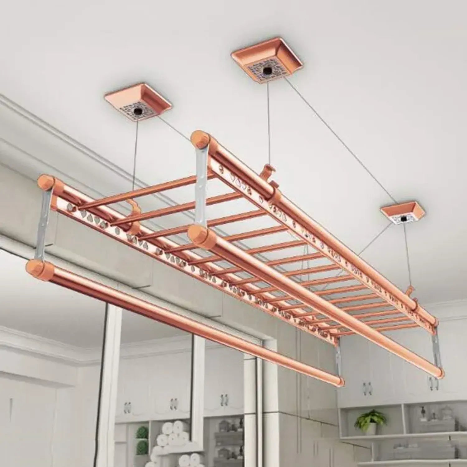Sèche-linge de Plafond 150 cm - Système de Cordes à 4 Barres en Aluminium pour Balcon, Solution Compacte pour Séchage Intérieur