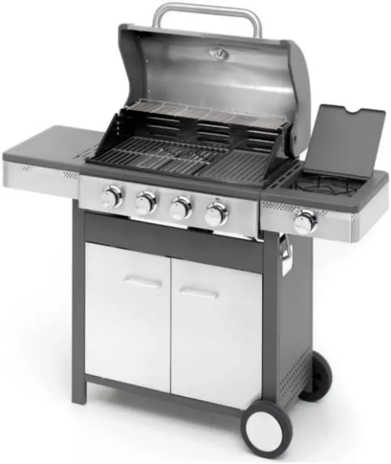 Barbecue à gaz en acier inoxydable avec cuisinière latérale et thermomètre, grilles en fonte émaillée, 4 brûleurs, armoire intégrée