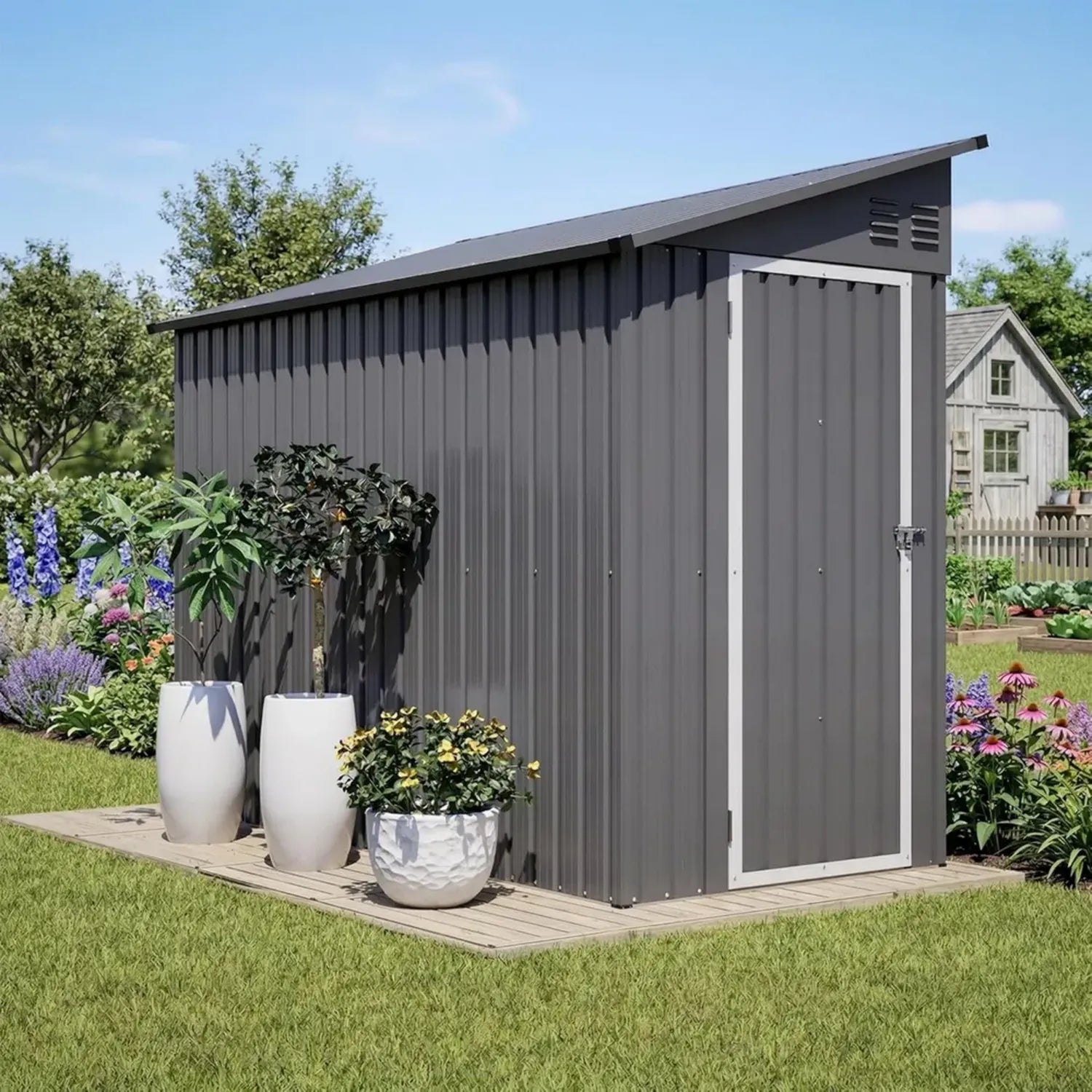 Cabanon de Jardin Métallique 3m² avec Toit En Pente, Verrou et Aération, Anthracite