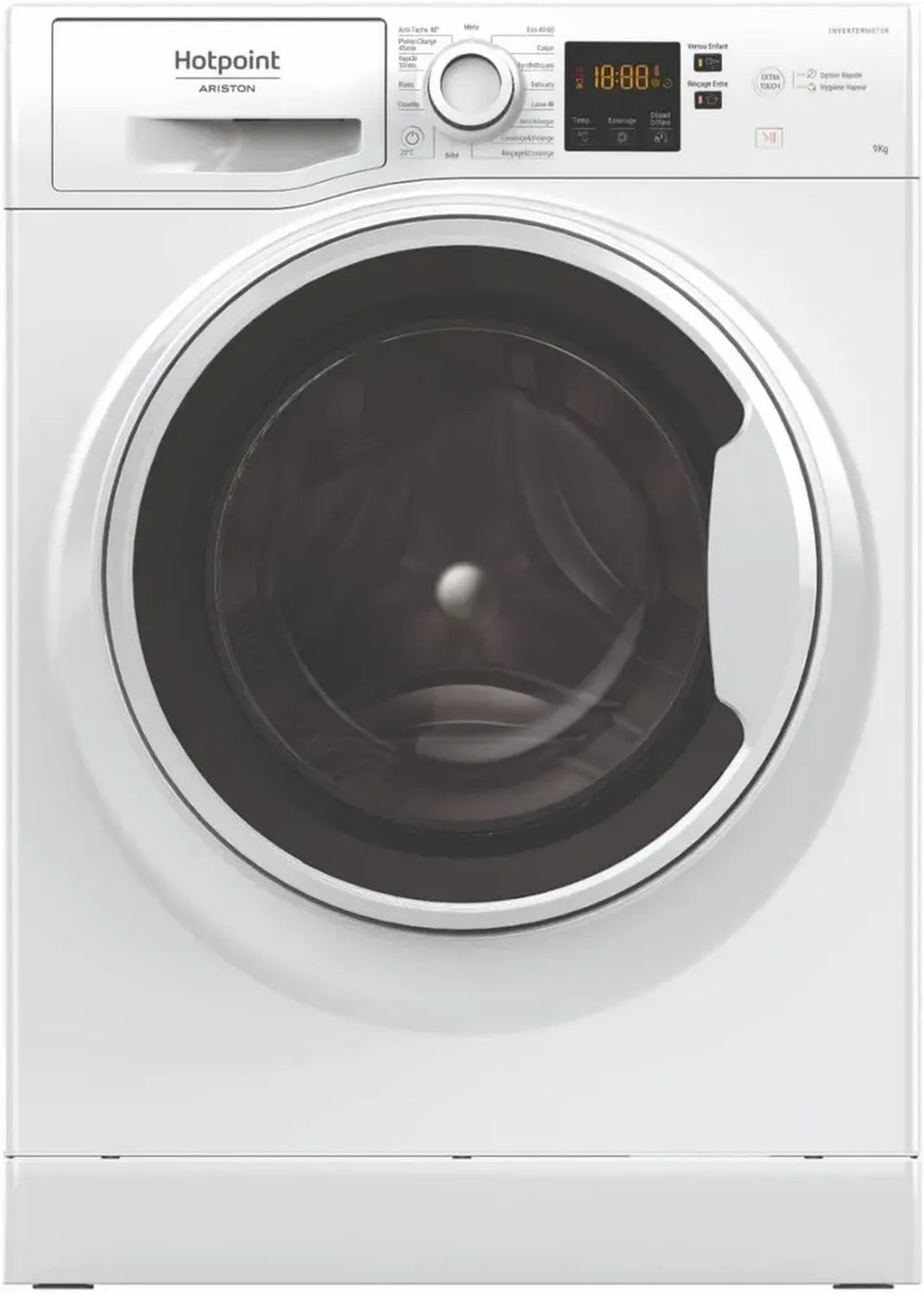 Lave-linge Frontal Hotpoint 9 kg - 1400 trs/min, Moteur à Induction, Programme Anti-tache, Vapeur Hygiénique, Départ Différé - Classe Énergétique A - Blanc