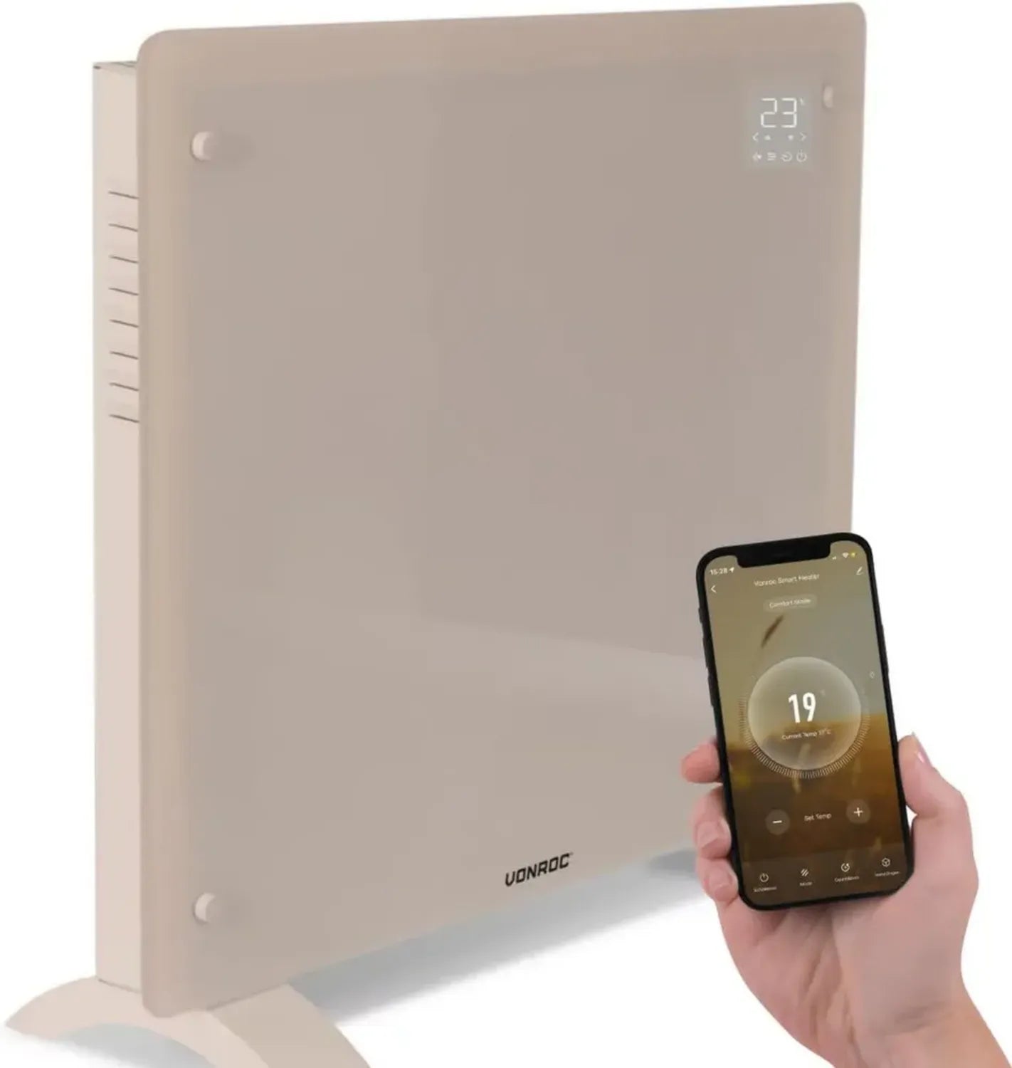 Radiateur Électrique en Verre 1000W Beige - Wi-Fi, LED, Thermostat, Silencieux - Sécurité Enfants, Minuterie - Convecteur Design pour 12m²