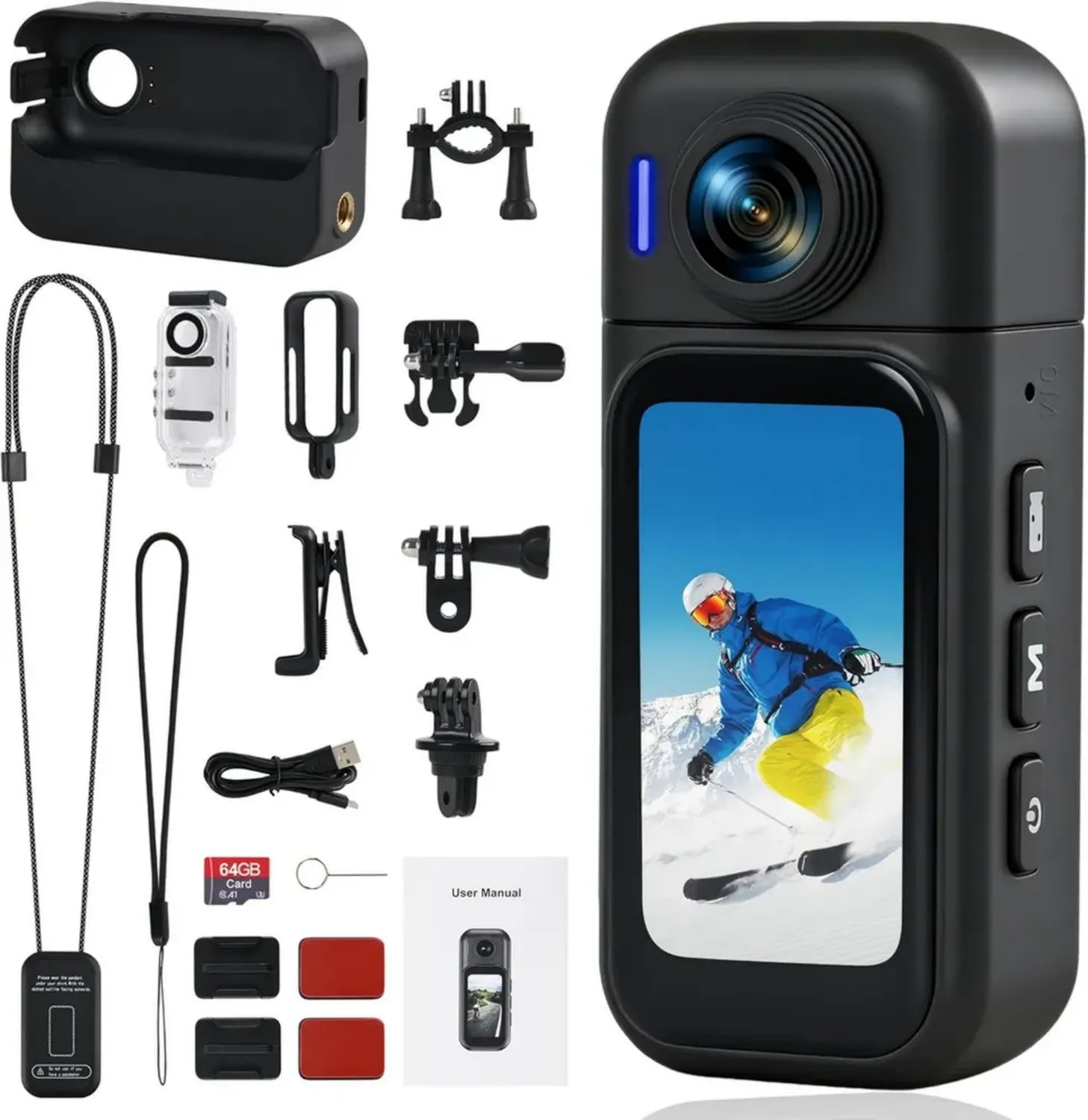 Caméra d'Action 360° avec Écran Tactile et Objectif Rotatif, Étanche 30M, Batterie Longue Durée, Wi-Fi Intégré, Idéale pour Activités Extérieures, Accessoires Inclus